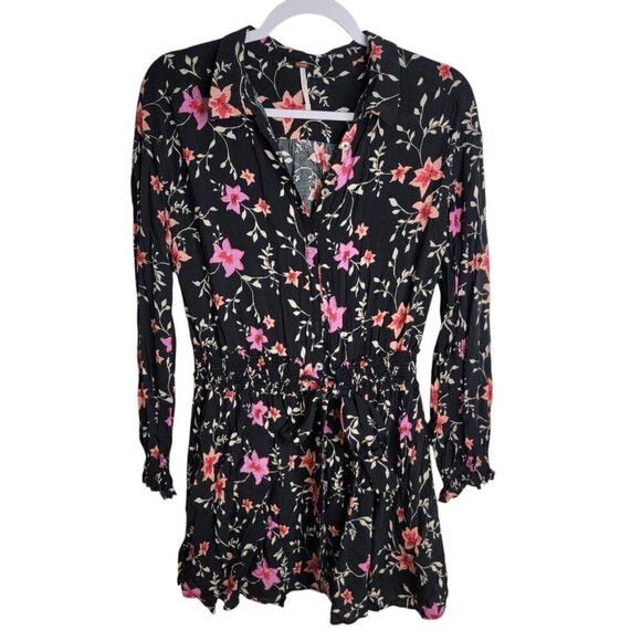 Free People Lighten Up Mini Dress Black Floral Long Sleeve Boho Size Small Fairy - Picture 2 of 10